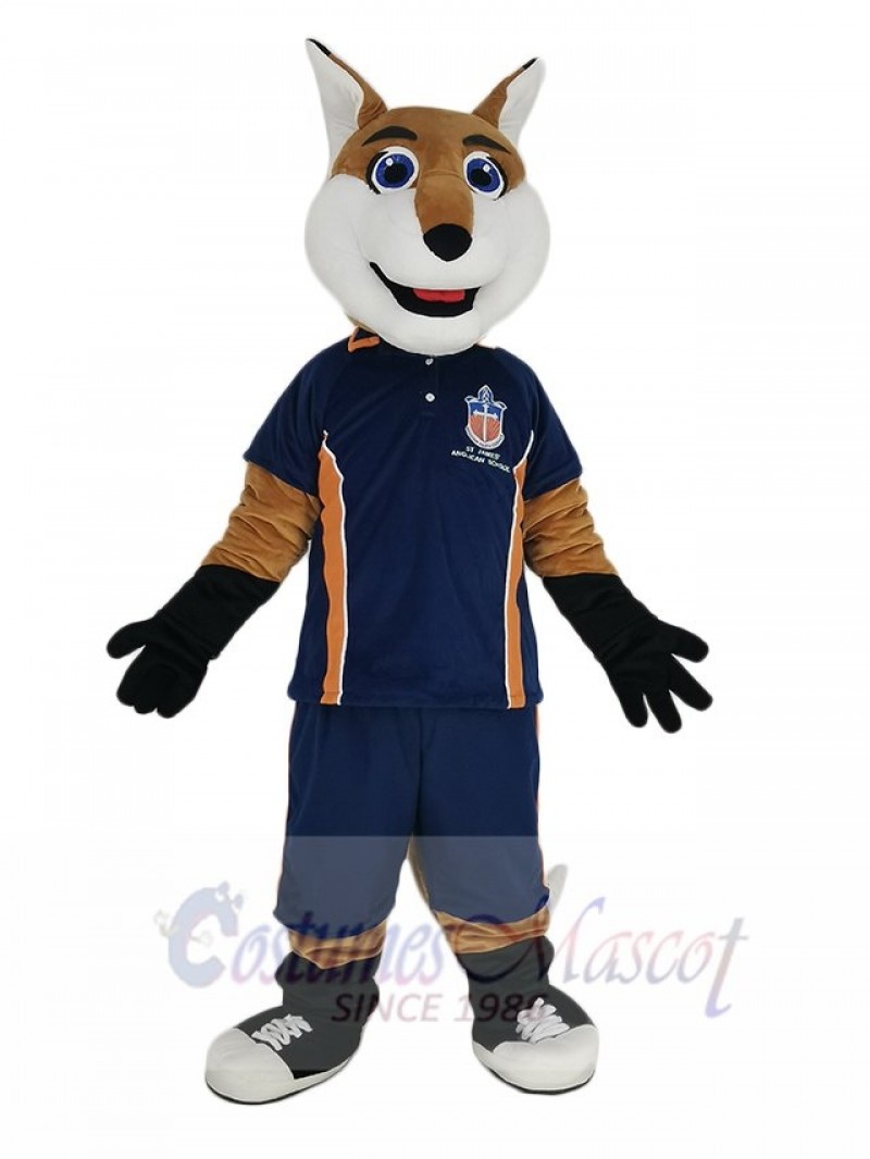 Smiling Fox in Blue Sport Shirt Mascot Costume