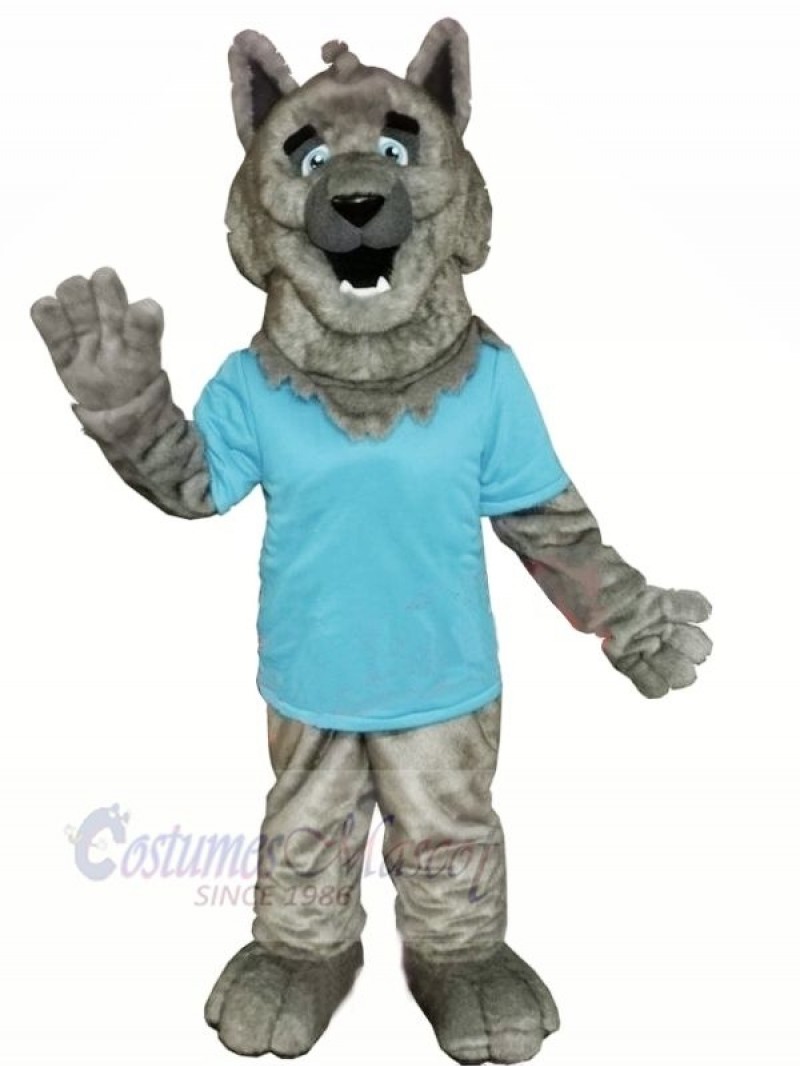 Grey Wolf with Blue T-shirt Mascot Costumes Cartoon