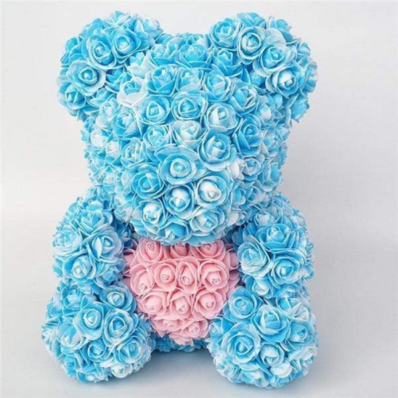 Newstyle Blue Rose Teddy Bear Flower Bear with Pink Heart Beat Gift for Mother's Day, Valentine's Day, Anniversary, Weddings and Birthday