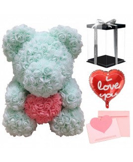 Light Green Rose Teddy Bear Flower Bear with Pink Heart with Balloon, Greeting Card & Gift Box for Mothers Day, Valentines Day, Anniversary, Weddings & Birthday