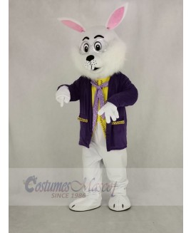 White Easter Bunny Rabbit in Purple Coat Mascot Costume