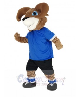 Brown Ram with Blue T-shirt Mascot Costume Animal