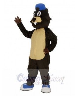 Brown Beaver with Blue Hat Mascot Costume