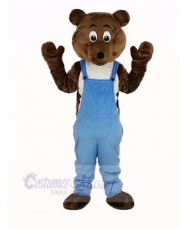 Dark Brown Bear in Blue Overalls Mascot Costume Animal