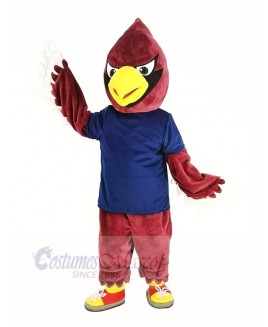 Red Cardinal Bird in Dark Blue Shirt Mascot Costume