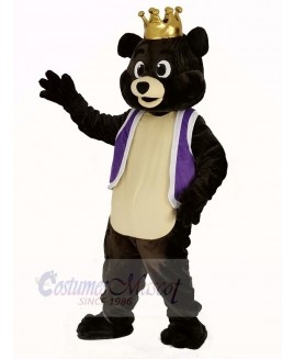 Dark Brown King Bear in Purple Waistcoat Mascot Costume Animal