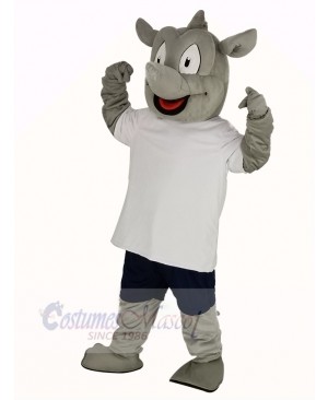 Rhino in White T-shirt Mascot Costume