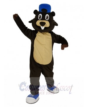 Brown Beaver with Blue Hat Mascot Costume