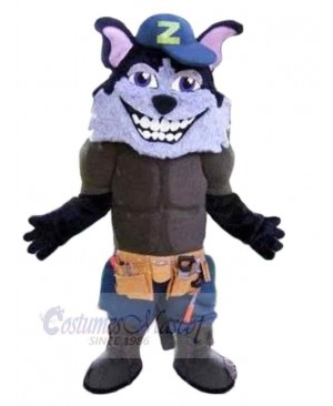 Smiling Wolf Mascot Costume Animal with Purple Ears