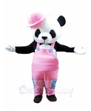 Cute Panda with Pink Overalls and Hat Mascot Costumes Animal 