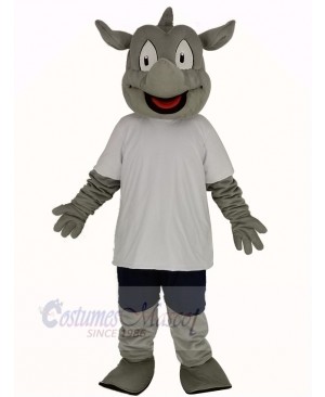 Rhino in White T-shirt Mascot Costume