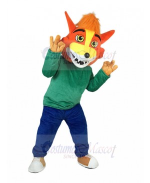 Grim Orange Fox Mascot Costume in Green Shirt Animal