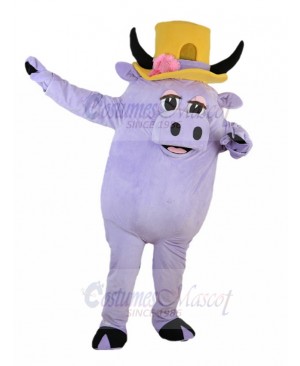 Purple Pig Mascot Costume with Yellow Horn Hat Cartoon