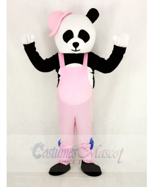 Panda with Pink Overalls and Hat Mascot Costume Cartoon