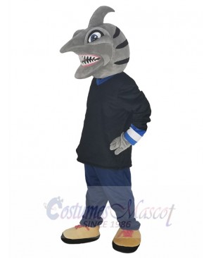 Grey Shark in Black Shirt Mascot Costume